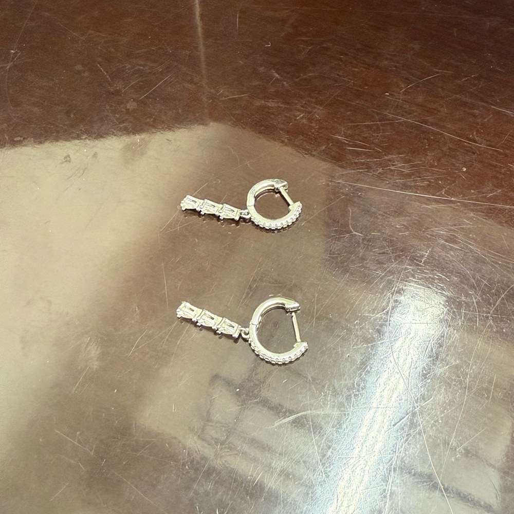 Silver Hoop Tear Drop Rhinestone Earrings with Dangle - Picture 3 of 12